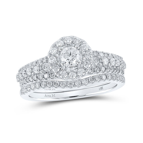14k White Gold Round Diamond Halo Bridal Wedding Ring Band Set 1 Cttw