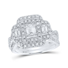  14k White Gold Emerald Diamond 3-Stone Halo Bridal Wedding Ring Band Set 1-1/2 Cttw
