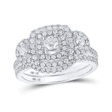  14k White Gold Round Diamond 3-Stone Halo Bridal Wedding Ring Band Set 1 Cttw