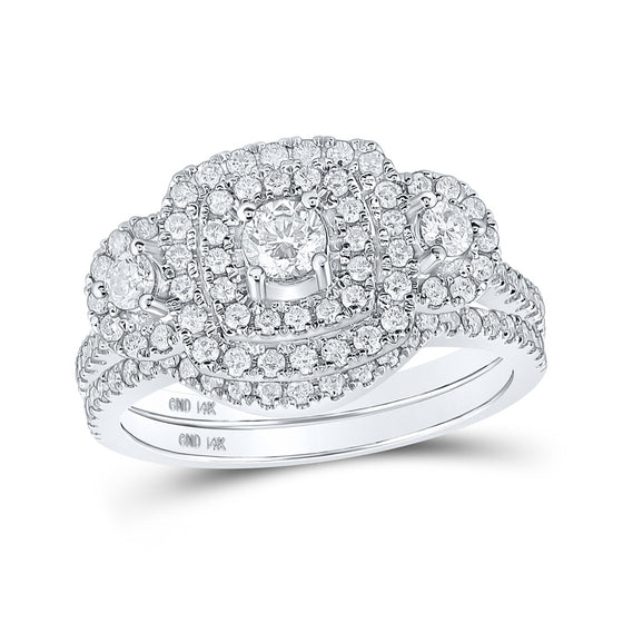 14k White Gold Round Diamond 3-Stone Halo Bridal Wedding Ring Band Set 1 Cttw