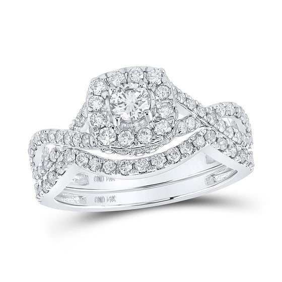 14k White Gold Round Diamond Halo Bridal Wedding Ring Band Set 1 Cttw