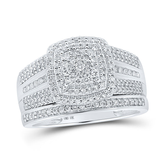 10k White Gold His Hers Round Diamond Square Matching Wedding Set 3/4 Cttw