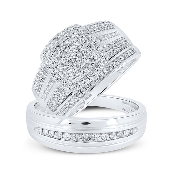 10k White Gold His Hers Round Diamond Square Matching Wedding Set 3/4 Cttw