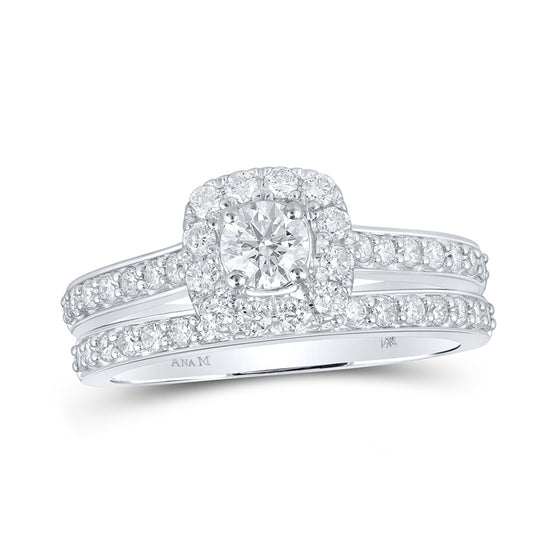 14k White Gold Round Diamond Halo Bridal Wedding Ring Band Set 1 Cttw