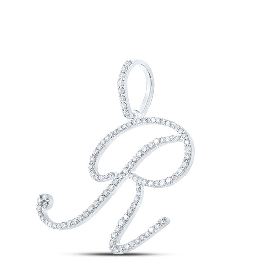 10k White Gold Womens Round Diamond R Initial Letter Pendant 5/8 Cttw