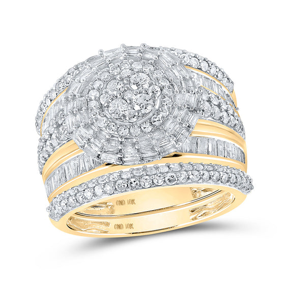 10k Yellow Gold His Hers Baguette Diamond Cluster Matching Wedding Set 2-1/3 Cttw