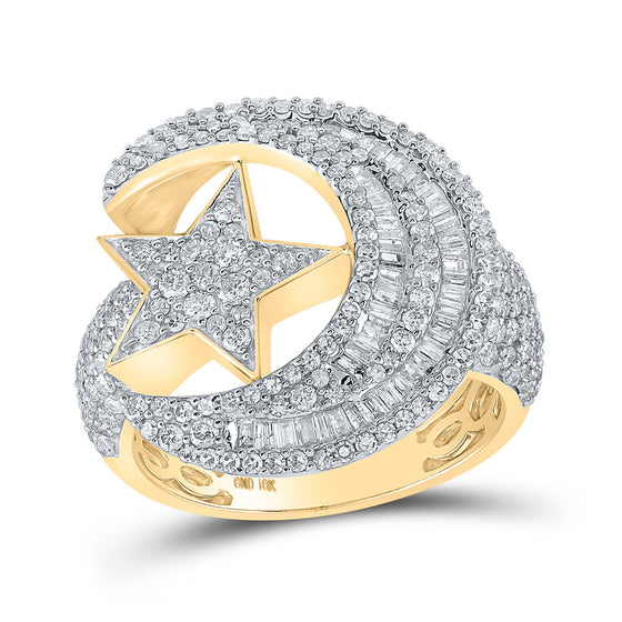 10k Yellow Gold Mens Baguette Diamond Crescent Moon Star Ring 2-1/3 Cttw