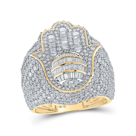 10k Yellow Gold Mens Baguette Diamond Hamsa Ring 5-1/3 Cttw