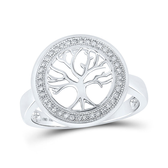 10k White Gold Womens Round Diamond Tree of Life Circle Ring 1/10 Cttw