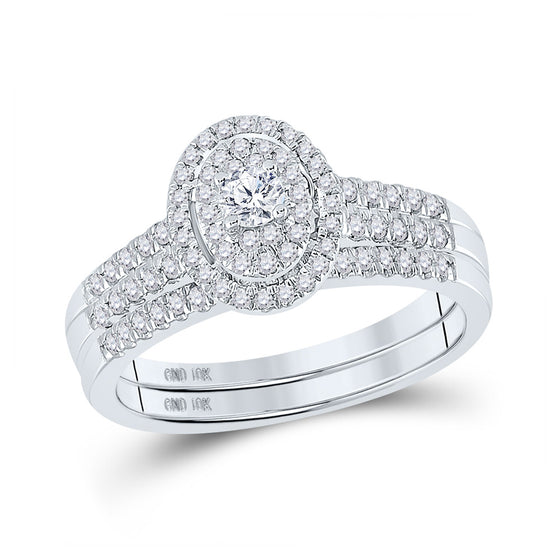 10k White Gold Round Diamond Halo Bridal Wedding Ring Band Set 1/2 Cttw