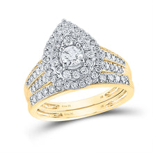  14k Yellow Gold Round Diamond Tear Halo Bridal Wedding Ring Band Set 1 Cttw