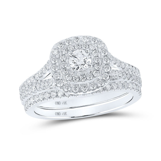14k White Gold Round Diamond Halo Bridal Wedding Ring Band Set 1 Cttw