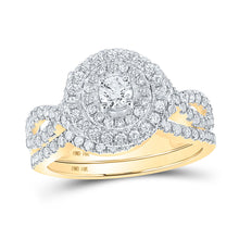  14k Yellow Gold Round Diamond Halo Bridal Wedding Ring Band Set 1 Cttw