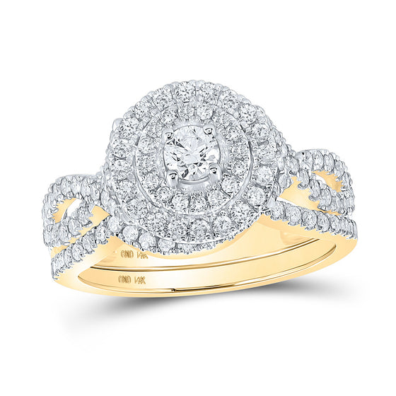 14k Yellow Gold Round Diamond Halo Bridal Wedding Ring Band Set 1 Cttw