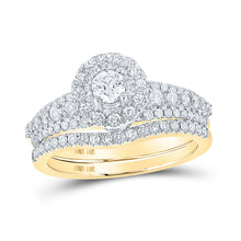  14k Yellow Gold Round Diamond Halo Bridal Wedding Ring Band Set 1 Cttw