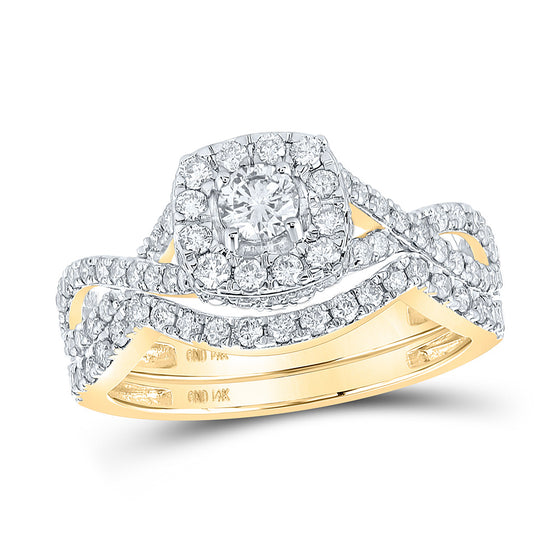 14k Yellow Gold Round Diamond Halo Bridal Wedding Ring Band Set 1 Cttw