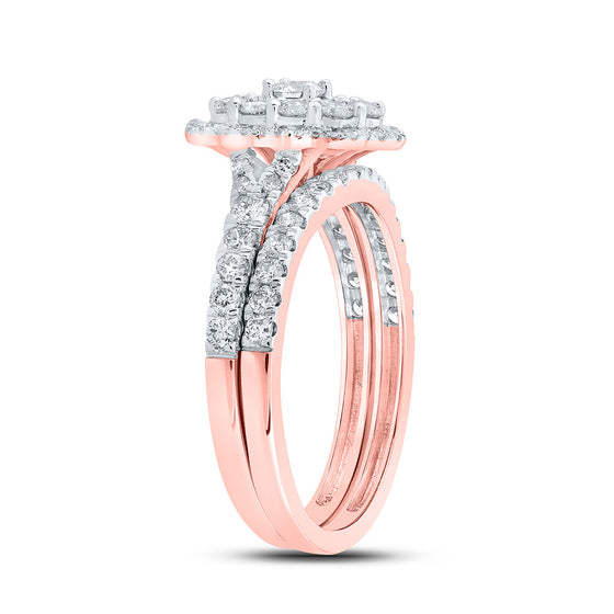 10k Rose Gold Round Diamond Halo Bridal Wedding Ring Band Set 1 Cttw