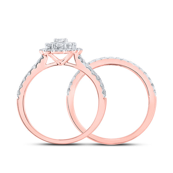 10k Rose Gold Round Diamond Halo Bridal Wedding Ring Band Set 1 Cttw