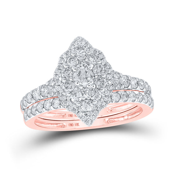 10k Rose Gold Round Diamond Halo Bridal Wedding Ring Band Set 1 Cttw