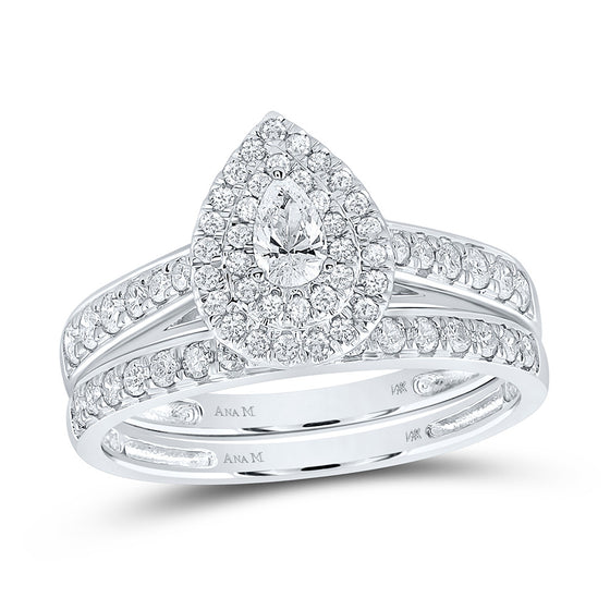 14k White Gold Pear Diamond Halo Bridal Wedding Ring Band Set 3/4 Cttw