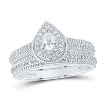  14k White Gold Pear Diamond Halo Bridal Wedding Ring Band Set 1/2 Cttw
