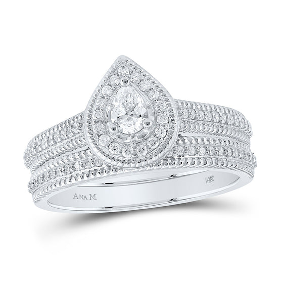 14k White Gold Pear Diamond Halo Bridal Wedding Ring Band Set 1/2 Cttw