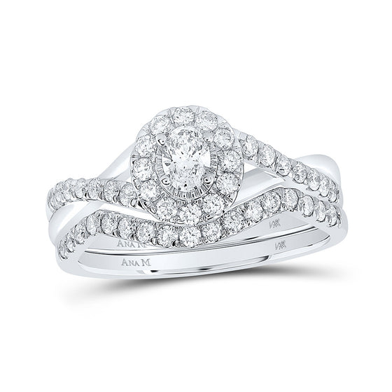 14k White Gold Oval Diamond Halo Bridal Wedding Ring Band Set 3/4 Cttw