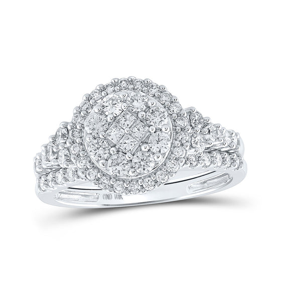 10k White Gold Princess Diamond Cluster Bridal Wedding Ring Band Set 1 Cttw