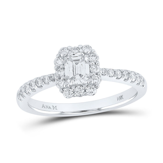 14k White Gold Emerald Diamond Halo Bridal Wedding Engagement Ring 7/8 Cttw