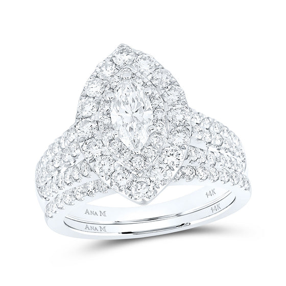 14k White Gold Marquise Diamond Halo Bridal Wedding Ring Band Set 2 Cttw