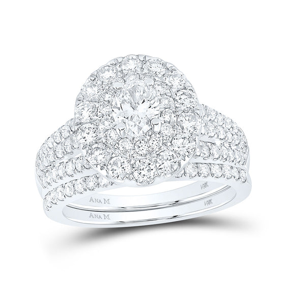 14k White Gold Oval Diamond Halo Bridal Wedding Ring Band Set 2 Cttw
