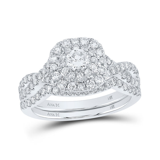 14k White Gold Round Diamond Halo Bridal Wedding Ring Band Set 1 Cttw