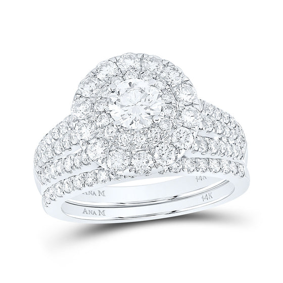 14k White Gold Round Diamond Halo Bridal Wedding Ring Band Set 2 Cttw