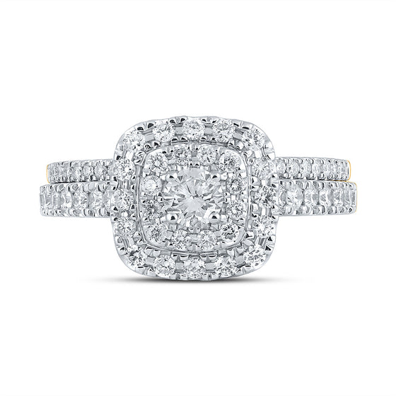 14k Yellow Gold Round Diamond Halo Bridal Wedding Ring Band Set 1 Cttw