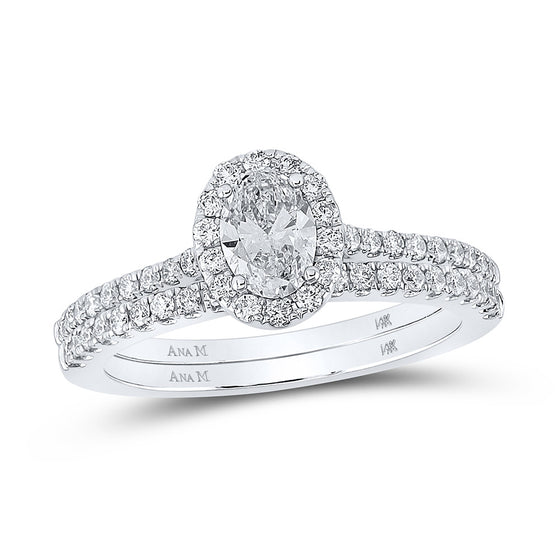 14k White Gold Oval Diamond Halo Bridal Wedding Ring Band Set 1 Cttw