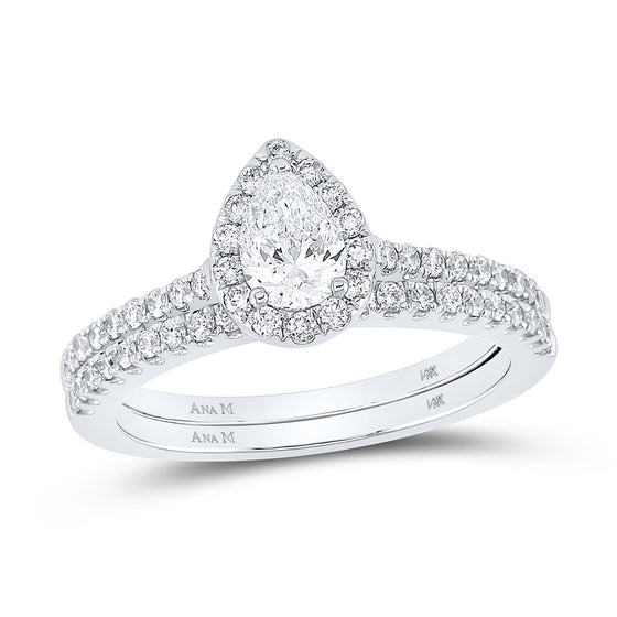 14k White Gold Pear Diamond Halo Bridal Wedding Ring Band Set 1 Cttw