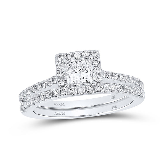 14k White Gold Princess Diamond Square Halo Bridal Wedding Ring Band Set 1 Cttw