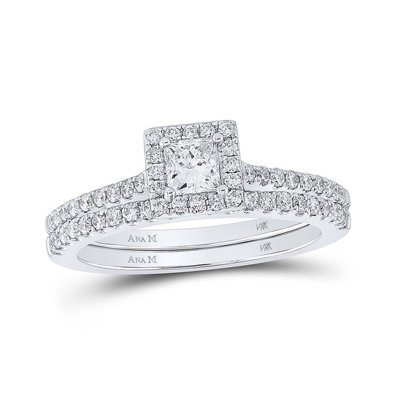 14k White Gold Princess Diamond Halo Bridal Wedding Ring Band Set 7/8 Cttw