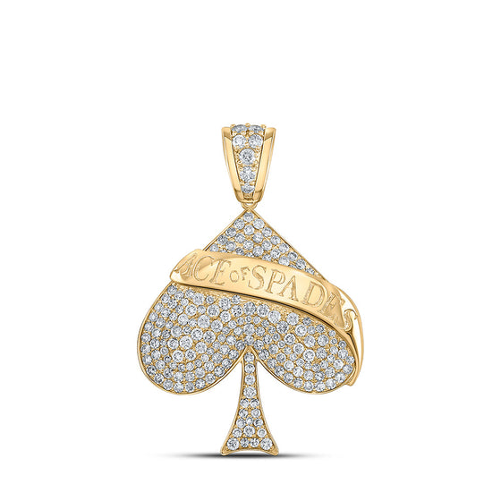 10k Yellow Gold Mens Round Diamond Ace of Spades Charm Pendant 1-5/8 Cttw