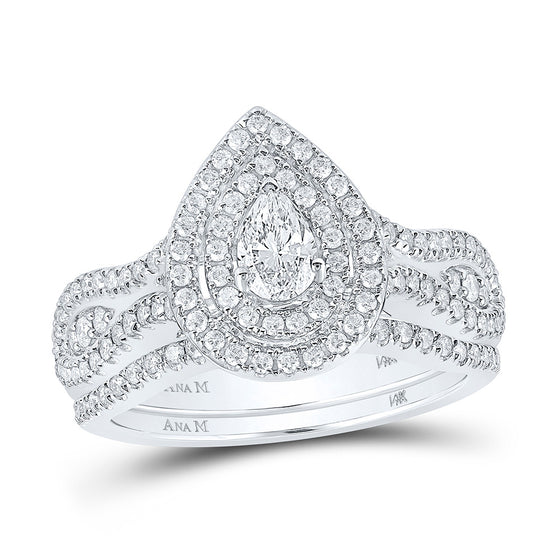 14k White Gold Pear Diamond Halo Bridal Wedding Ring Band Set 1 Cttw