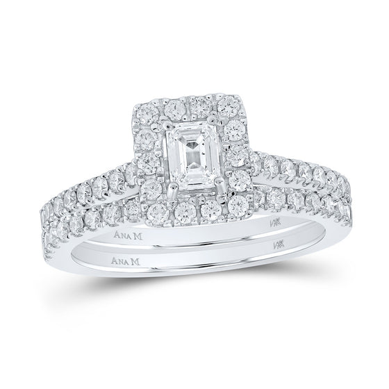 14k White Gold Emerald Diamond Halo Bridal Wedding Ring Band Set 1 Cttw