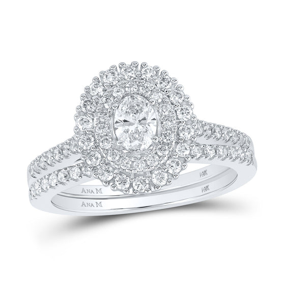 14k White Gold Oval Diamond Halo Bridal Wedding Ring Band Set 1 Cttw