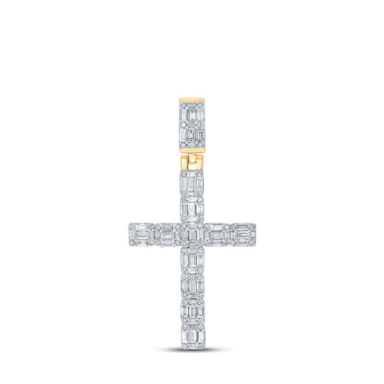 10k Yellow Gold Mens Baguette Diamond Cross Charm Pendant 1-3/4 Cttw
