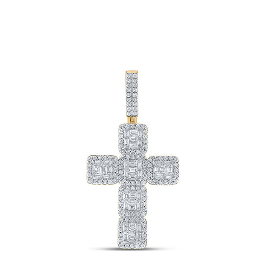 10k Yellow Gold Mens Baguette Diamond Cross Charm Pendant 2-5/8 Cttw