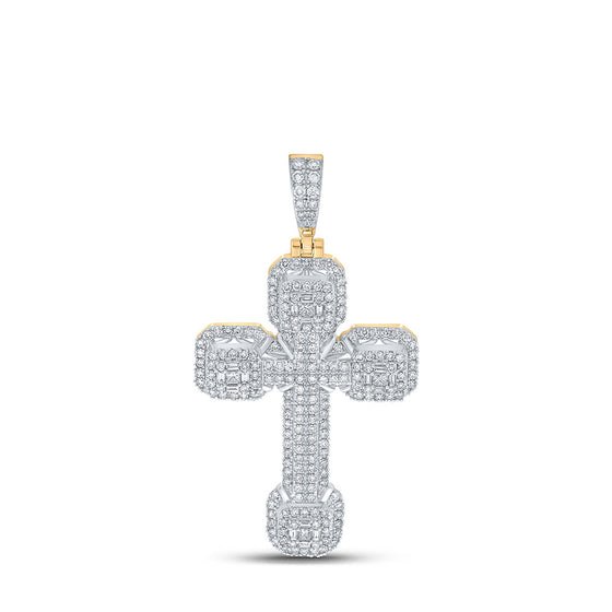 10k Yellow Gold Mens Baguette Diamond Cross Charm Pendant 2-3/4 Cttw