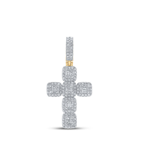 10k Yellow Gold Mens Baguette Diamond Cross Charm Pendant 1-7/8 Cttw