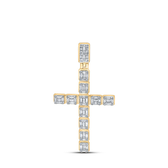 10k Yellow Gold Mens Round Diamond Cross Charm Pendant 1-7/8 Cttw