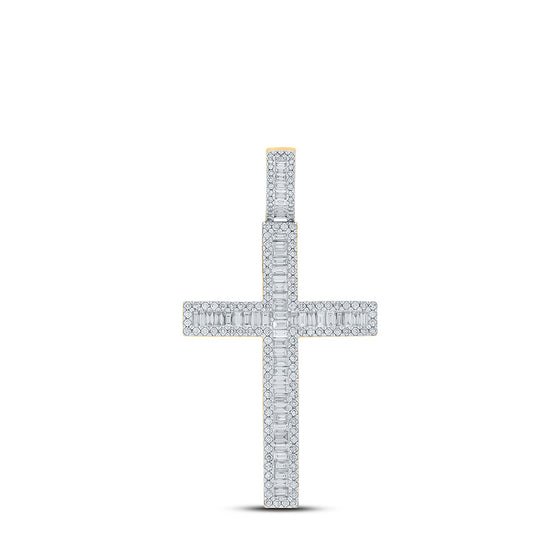 10k Yellow Gold Mens Baguette Diamond Cross Charm Pendant 2-1/2 Cttw
