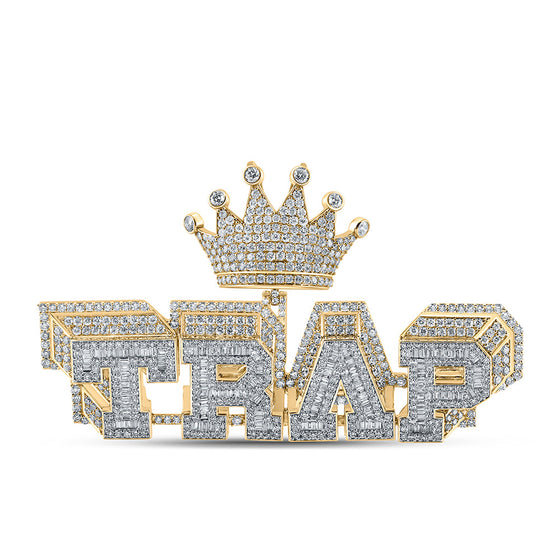 10k Yellow Gold Mens Baguette Diamond TRAP Crown Phrase Charm Pendant 8-1/2 Cttw