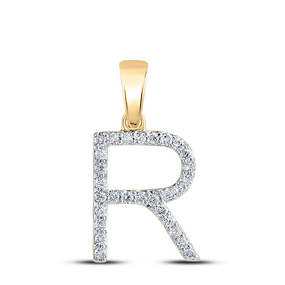 14k Yellow Gold Womens Round Diamond R Initial Letter Pendant 1/5 Cttw